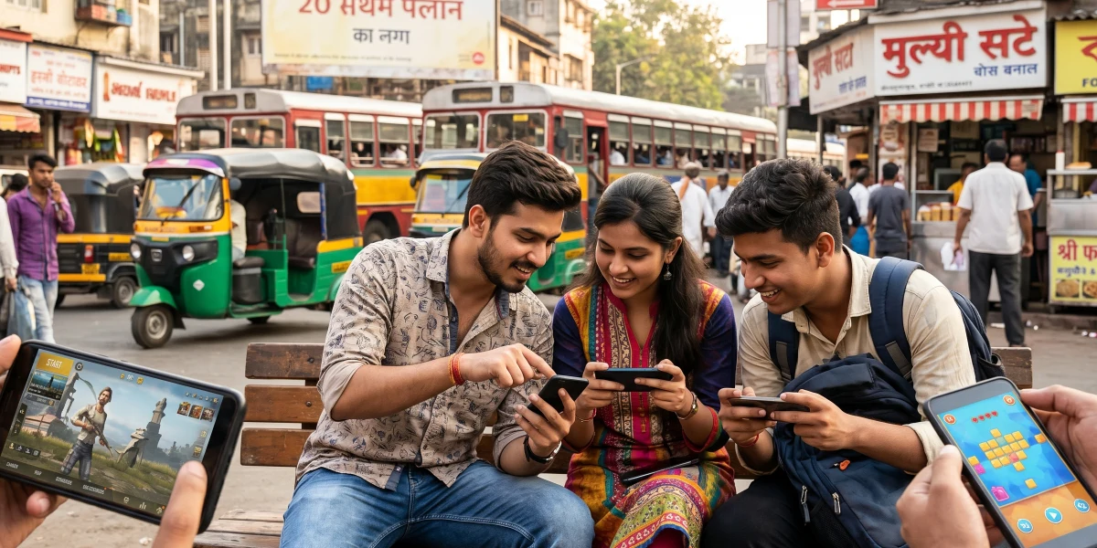 Young mobile gamers in a busy South Asian city street
