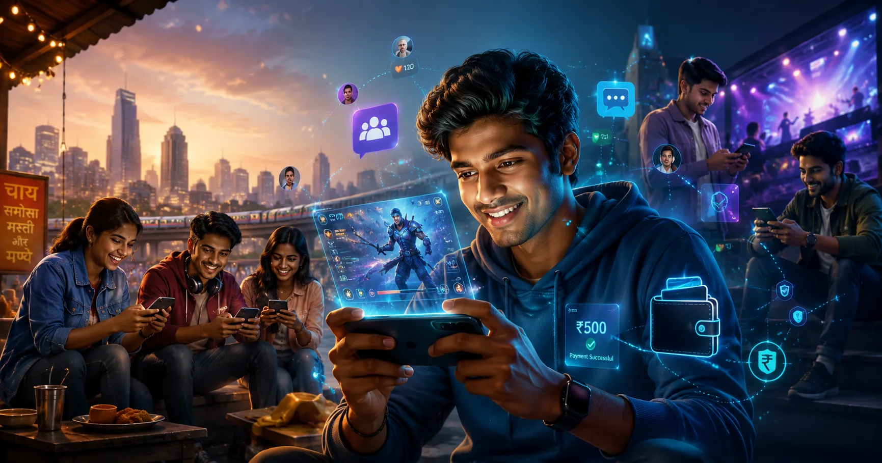 Young Indian mobile gamers using smartphones with digital payment and social gaming icons