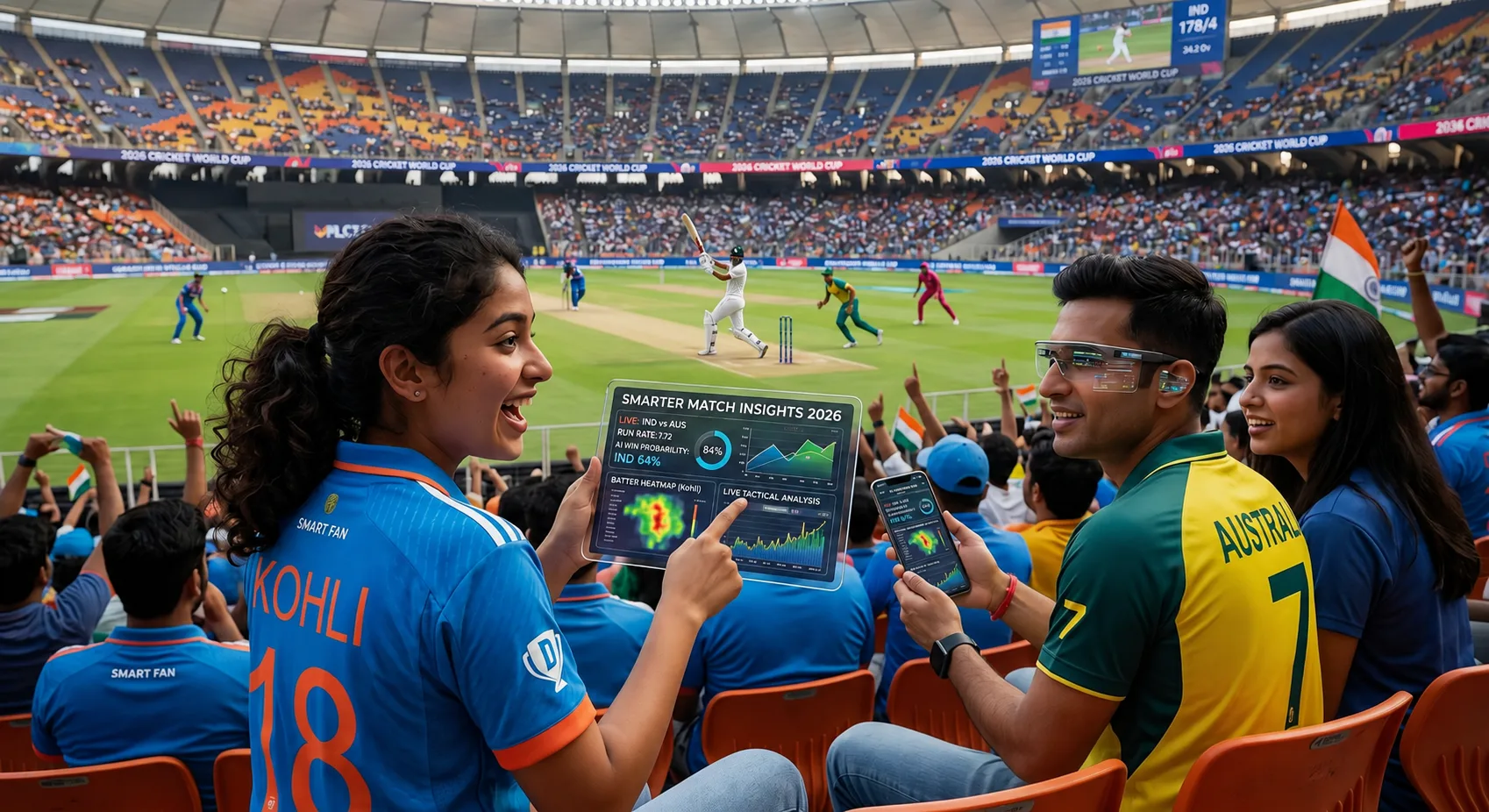 Cricket fans watching a match while reviewing smarter match insights on tablet and phone